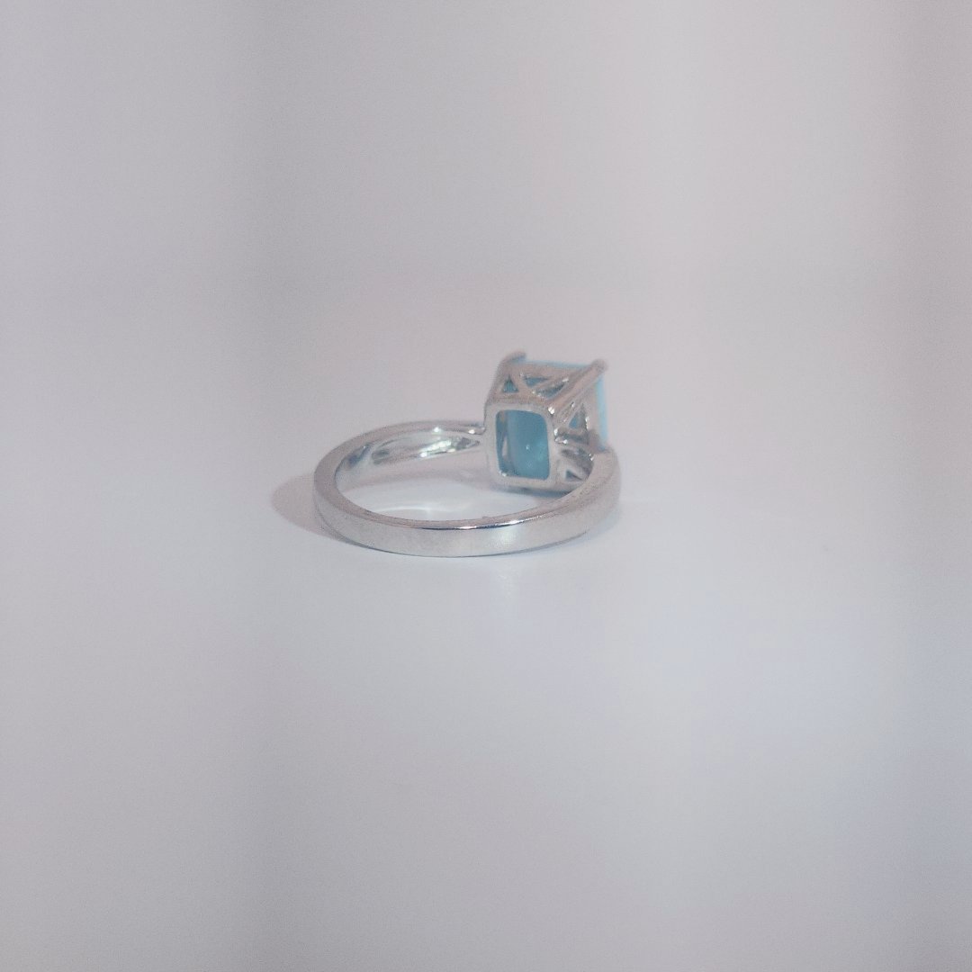 Women's Ring with rectangular Larimar cabochon, 9 Sterling Silver, bezel-set.