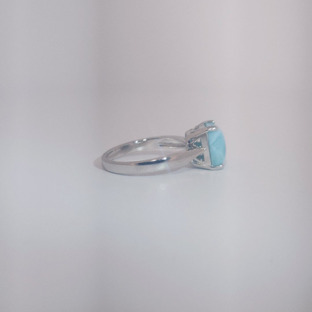 Women's Ring with rectangular Larimar cabochon, 9 Sterling Silver, bezel-set.