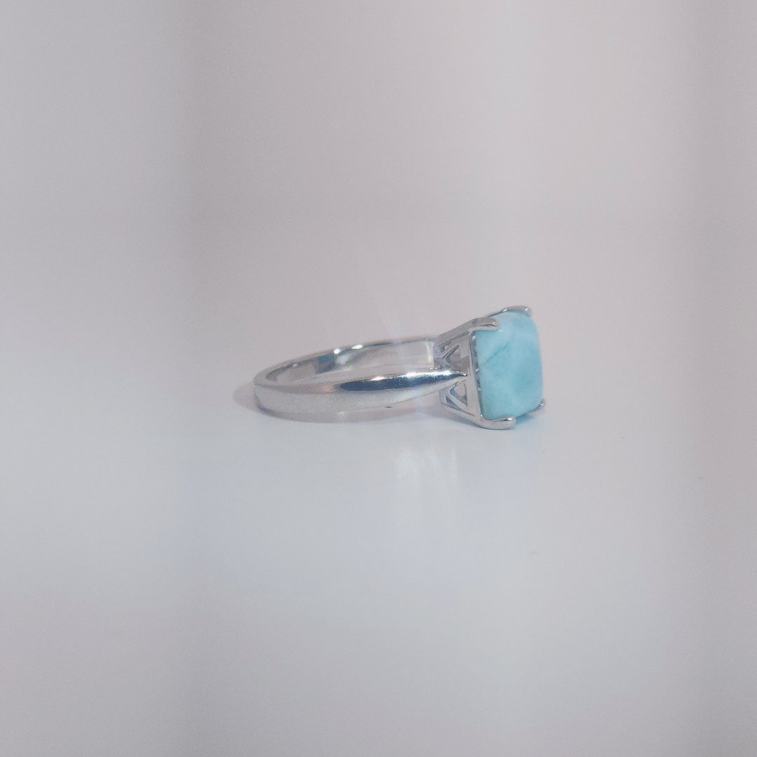 Women's Ring with rectangular Larimar cabochon, 9 Sterling Silver, bezel-set.