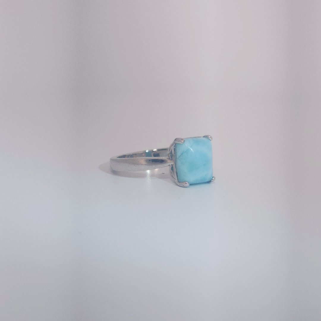 Women's Ring with rectangular Larimar cabochon, 9 Sterling Silver, bezel-set.