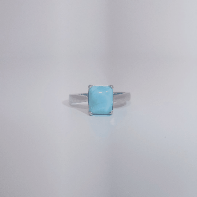 Women's Ring with rectangular Larimar cabochon, 9 Sterling Silver, bezel-set.