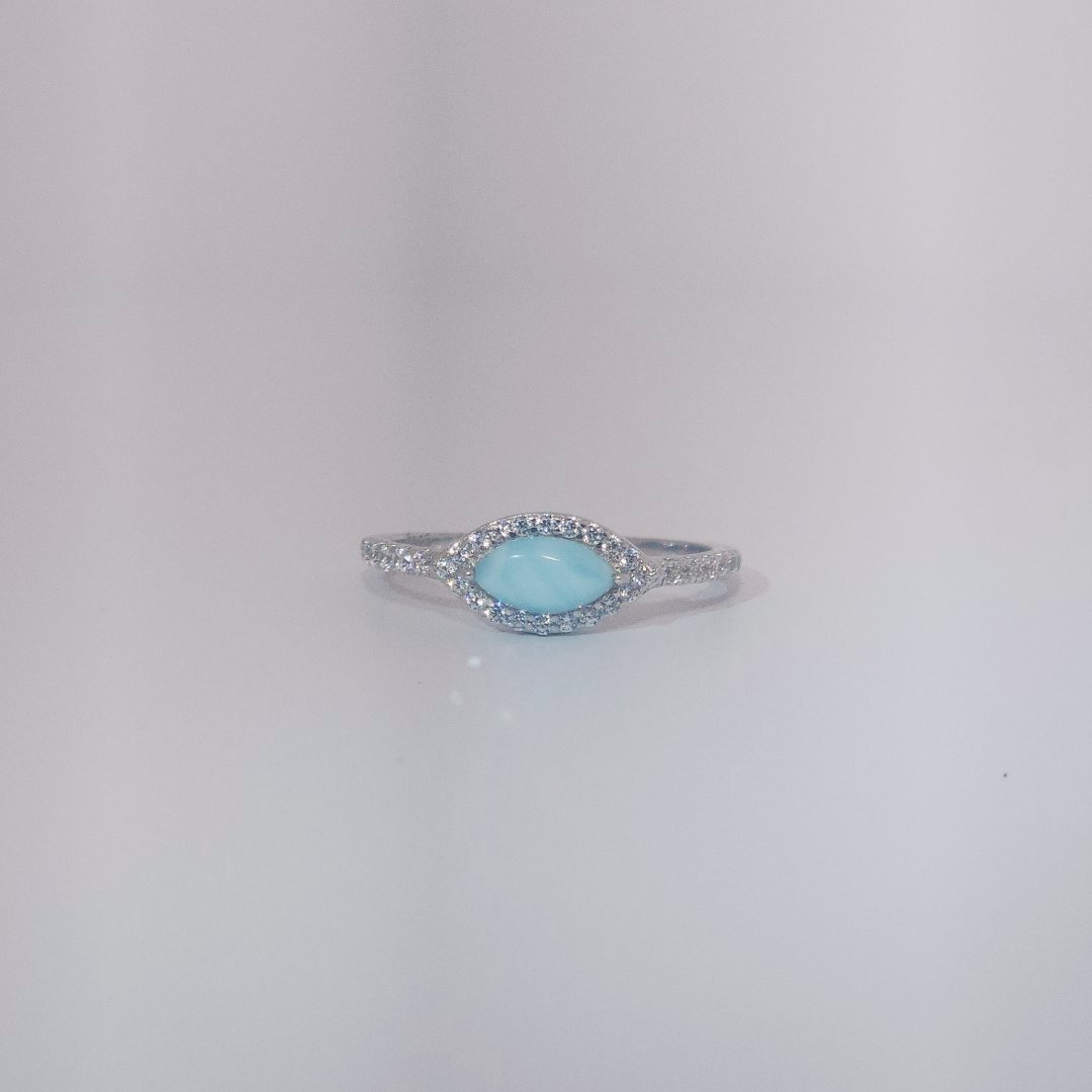 Women's Marquise Larimar Ring, 9 Sterling Silver, halo and band pave-set with small round accent stones.