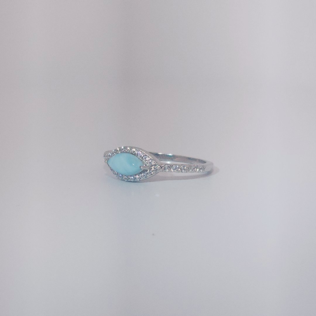 Women's Marquise Larimar Ring, 9 Sterling Silver, halo and band pave-set with small round accent stones.