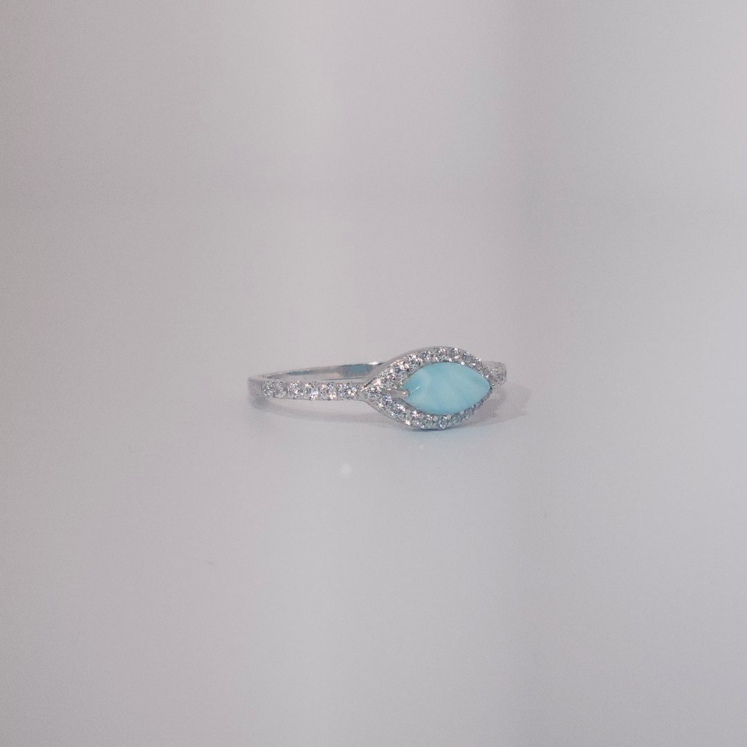 Women's Marquise Larimar Ring, 9 Sterling Silver, halo and band pave-set with small round accent stones.