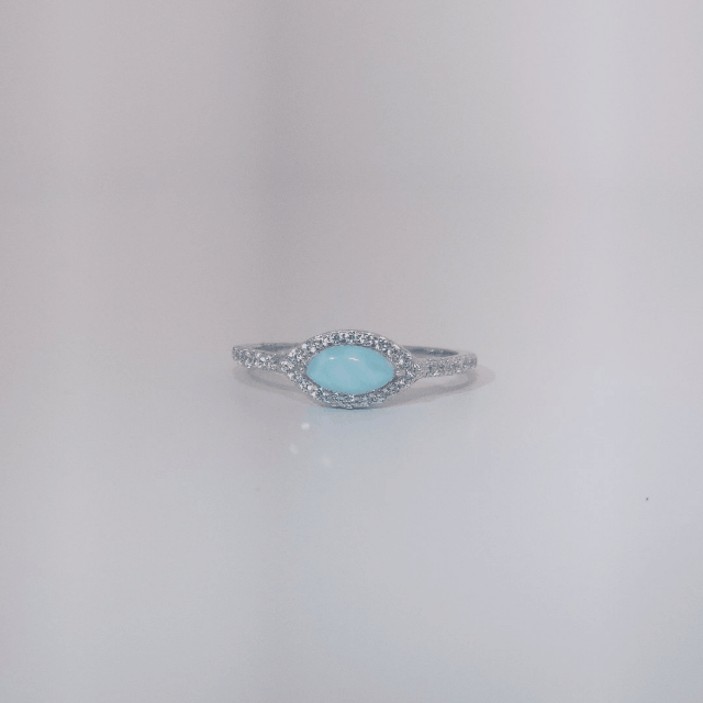Women's Marquise Larimar Ring, 9 Sterling Silver, halo and band pave-set with small round accent stones.