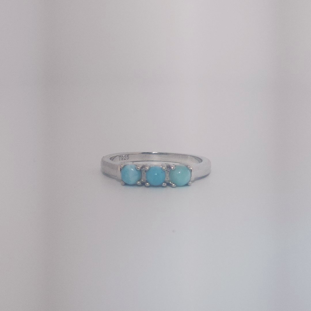 Women's Sterling Silver Ring with three bezel-set Larimar cabochons, size 7.