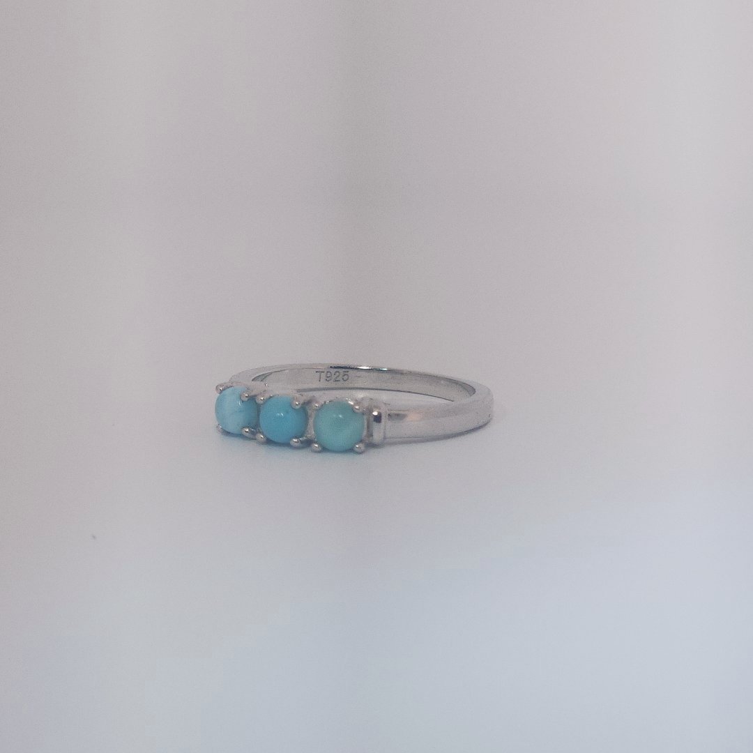 Women's Sterling Silver Ring with three bezel-set Larimar cabochons, size 7.