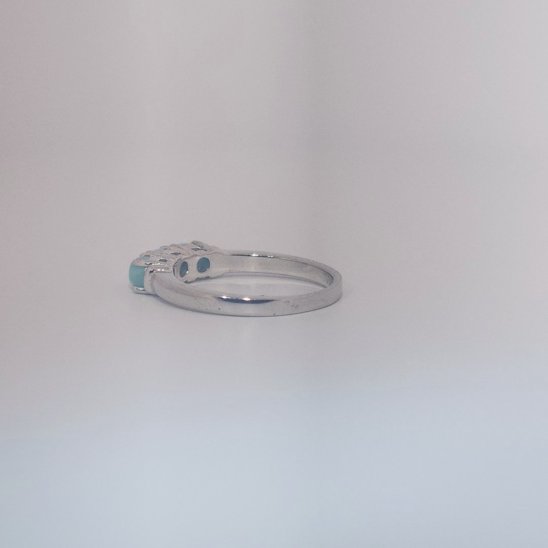 Women's Sterling Silver Ring with three bezel-set Larimar cabochons, size 7.