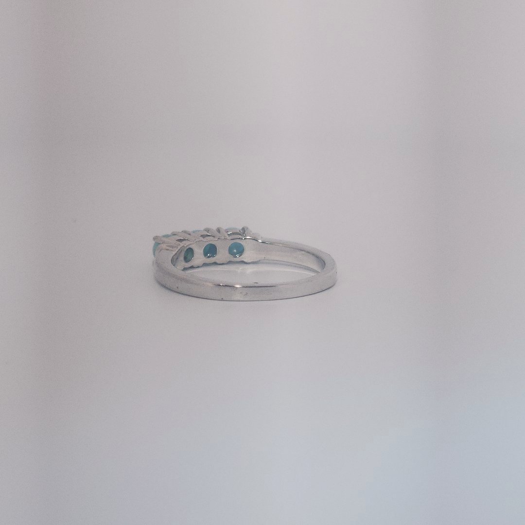 Women's Sterling Silver Ring with three bezel-set Larimar cabochons, size 7.