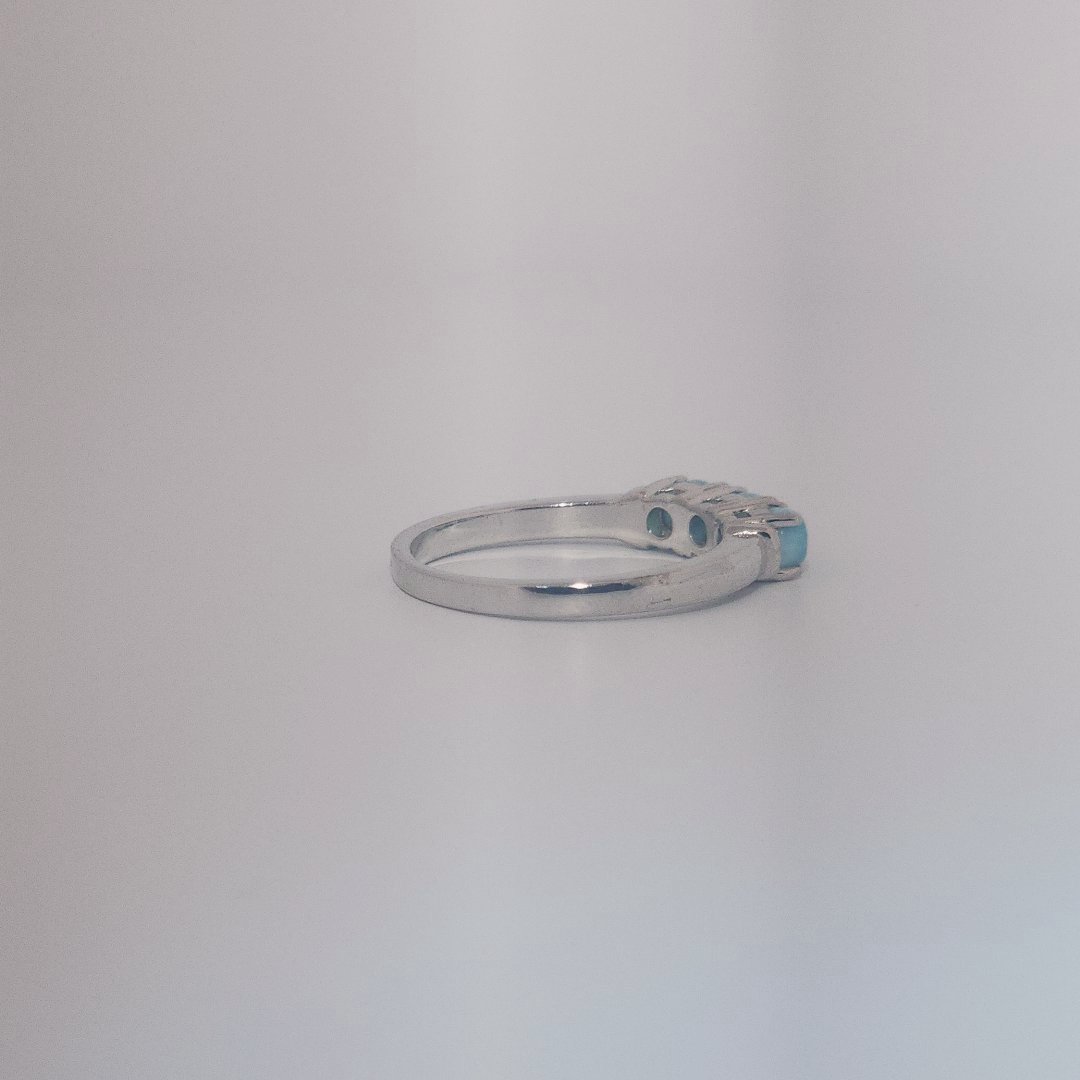 Women's Sterling Silver Ring with three bezel-set Larimar cabochons, size 7.