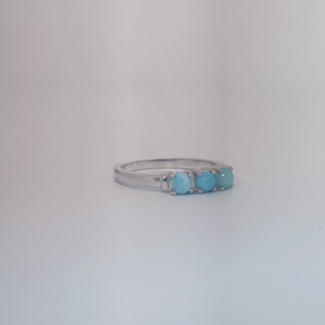 Women's Sterling Silver Ring with three bezel-set Larimar cabochons, size 7.