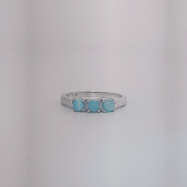 Women's Sterling Silver Ring with three bezel-set Larimar cabochons, size 7.