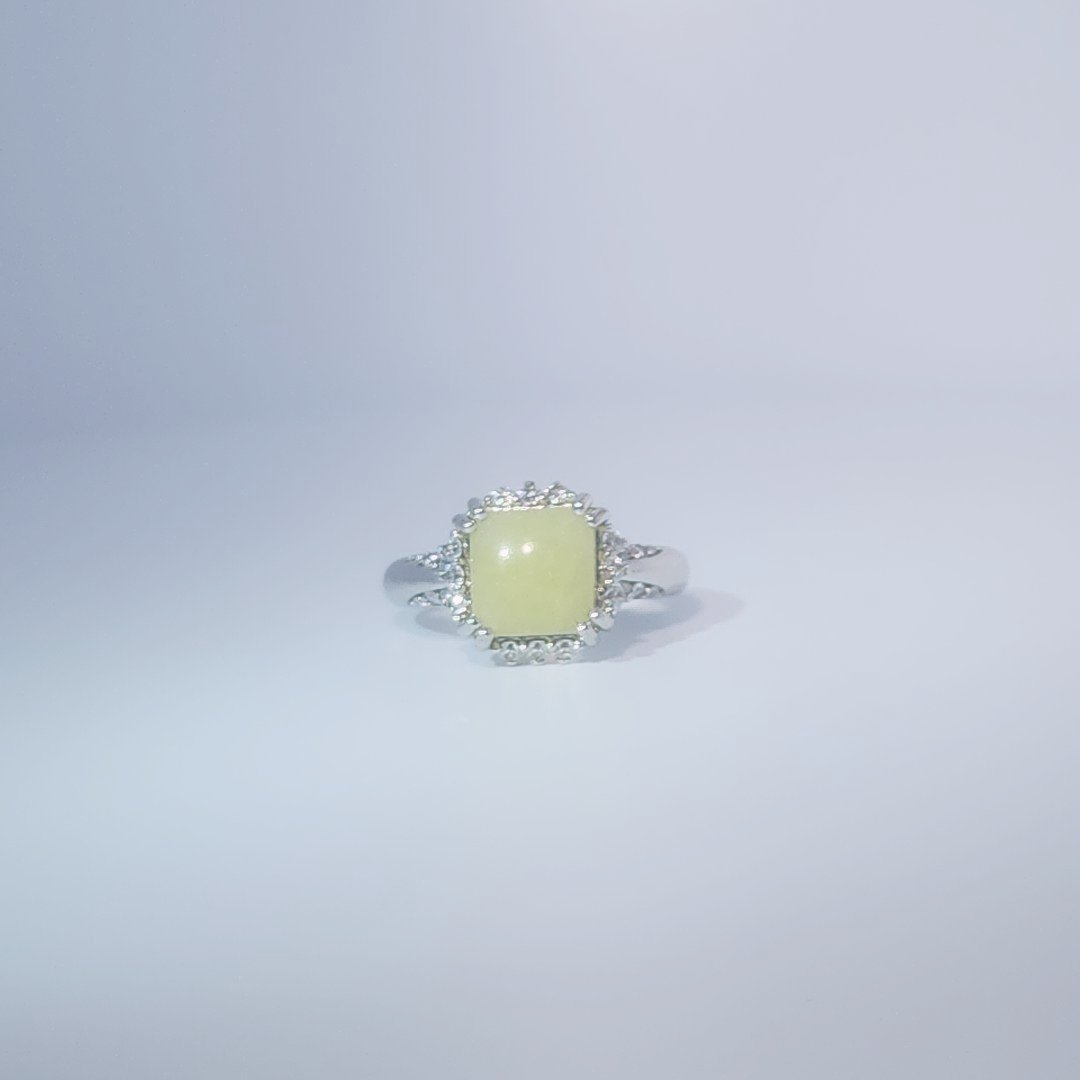 Women's Ring with square cabochon Jade centerpiece, 925 Sterling Silver, polished finish.