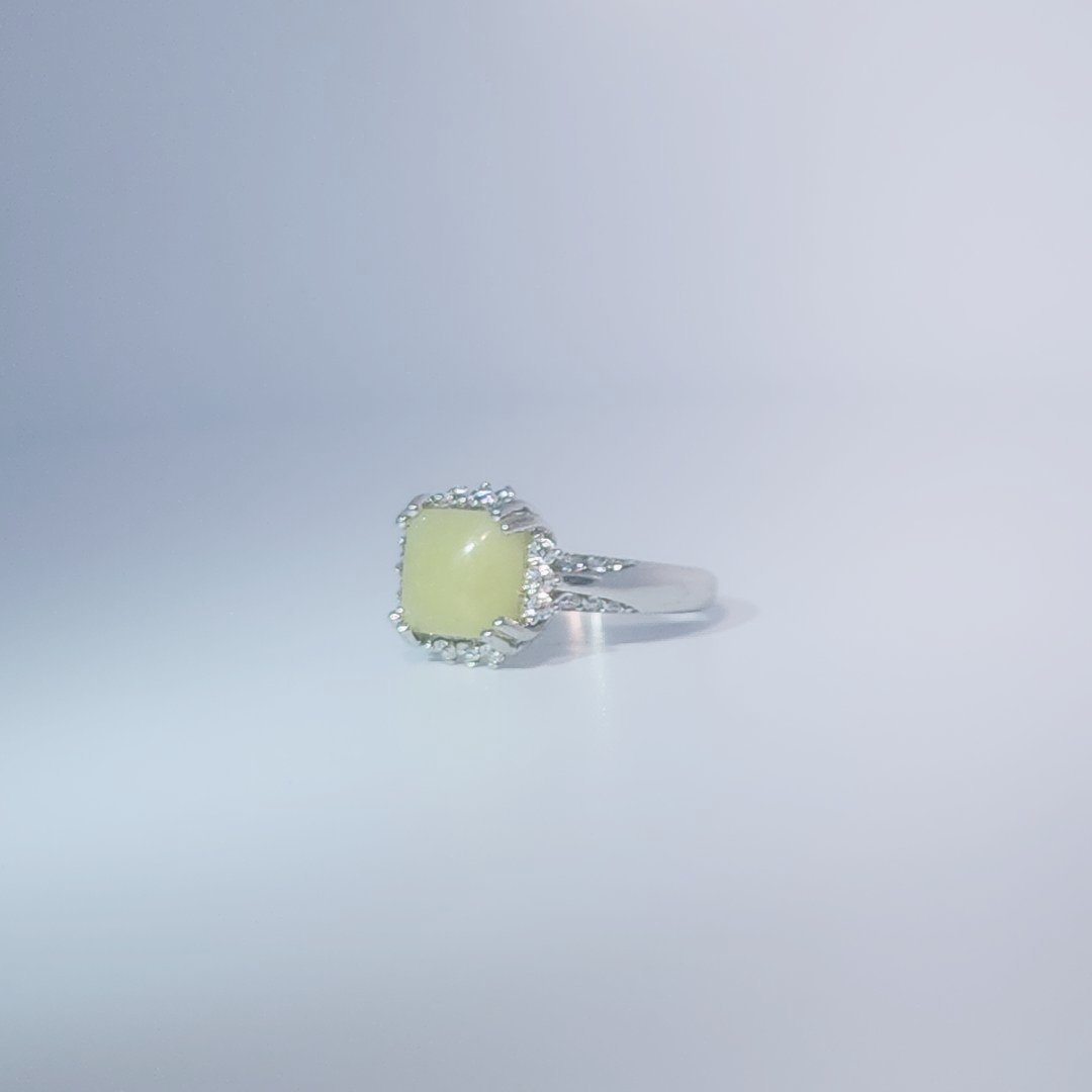Women's Ring with square cabochon Jade centerpiece, 925 Sterling Silver, polished finish.