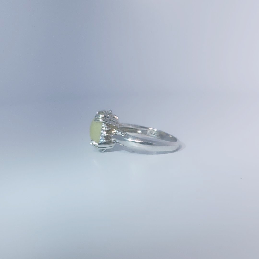 Women's Ring with square cabochon Jade centerpiece, 925 Sterling Silver, polished finish.