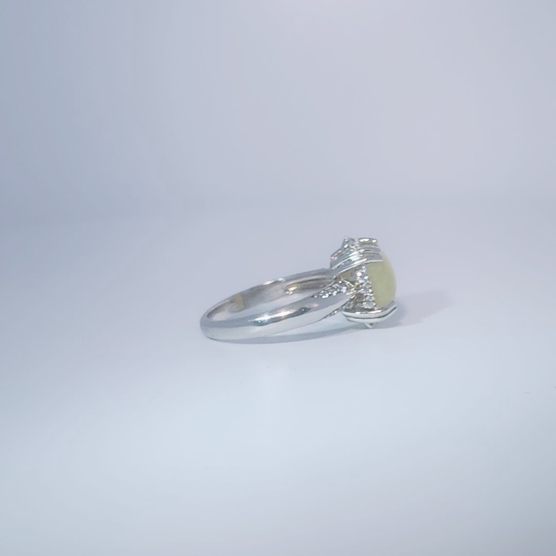 Women's Ring with square cabochon Jade centerpiece, 925 Sterling Silver, polished finish.