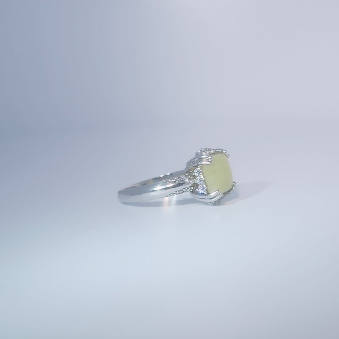 Women's Ring with square cabochon Jade centerpiece, 925 Sterling Silver, polished finish.