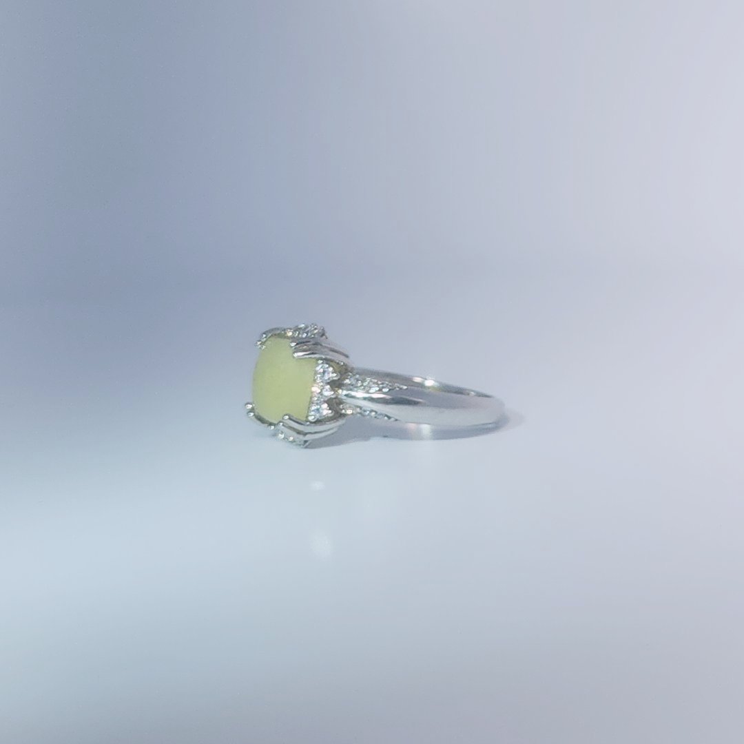 Women's Ring with square cabochon Jade centerpiece, 925 Sterling Silver, polished finish.