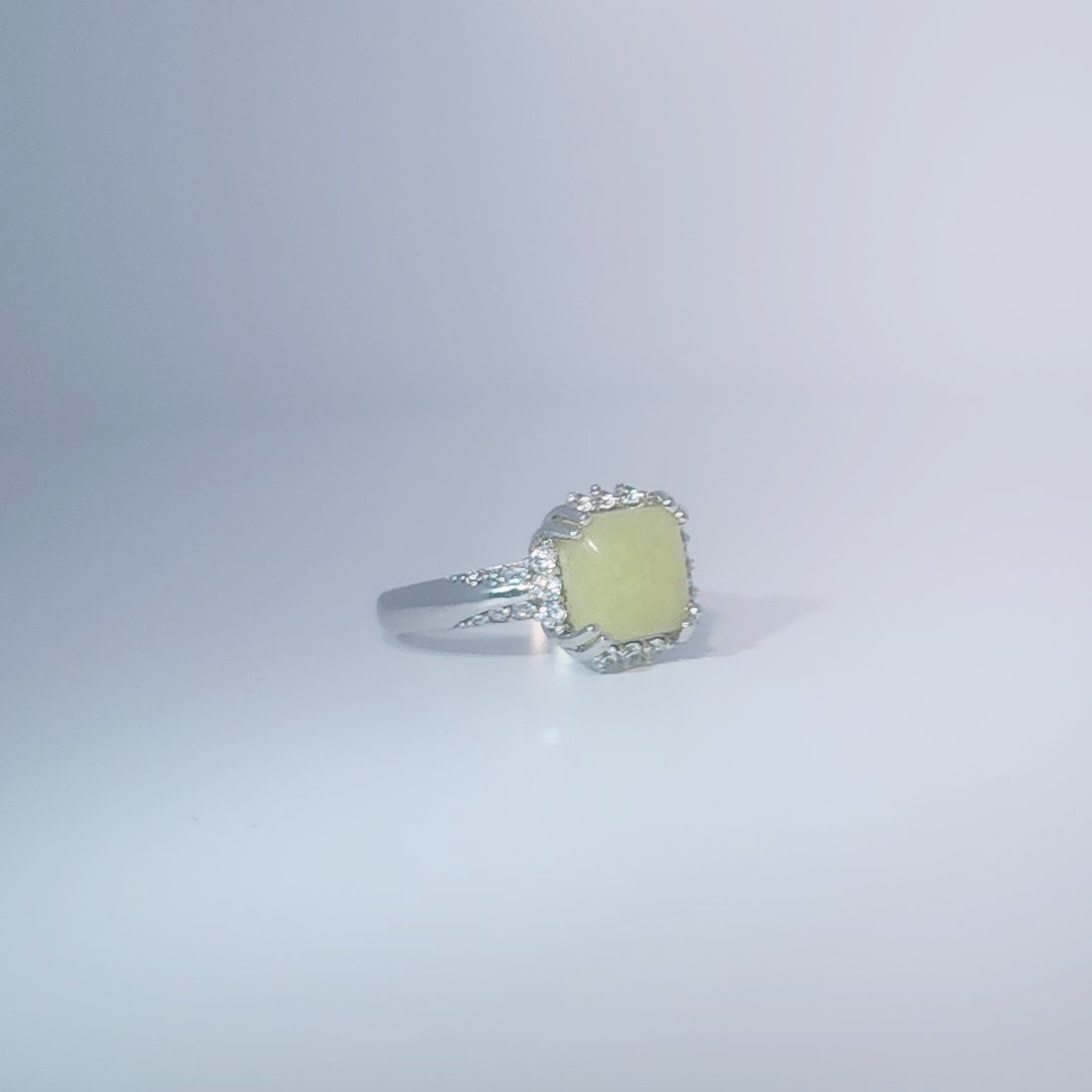 Women's Ring with square cabochon Jade centerpiece, 925 Sterling Silver, polished finish.