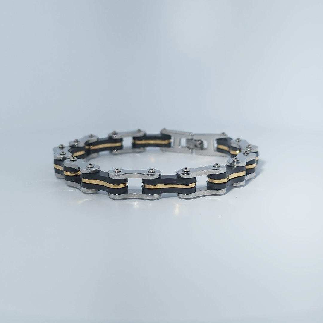 Stainless Steel Unisex Bracelet, chain-link style with black and gold-tone accents.