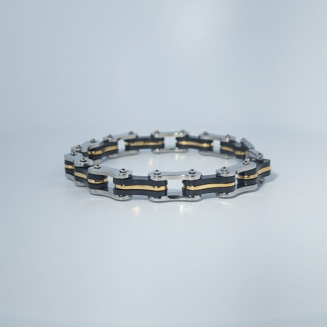 Stainless Steel Unisex Bracelet, chain-link style with black and gold-tone accents.