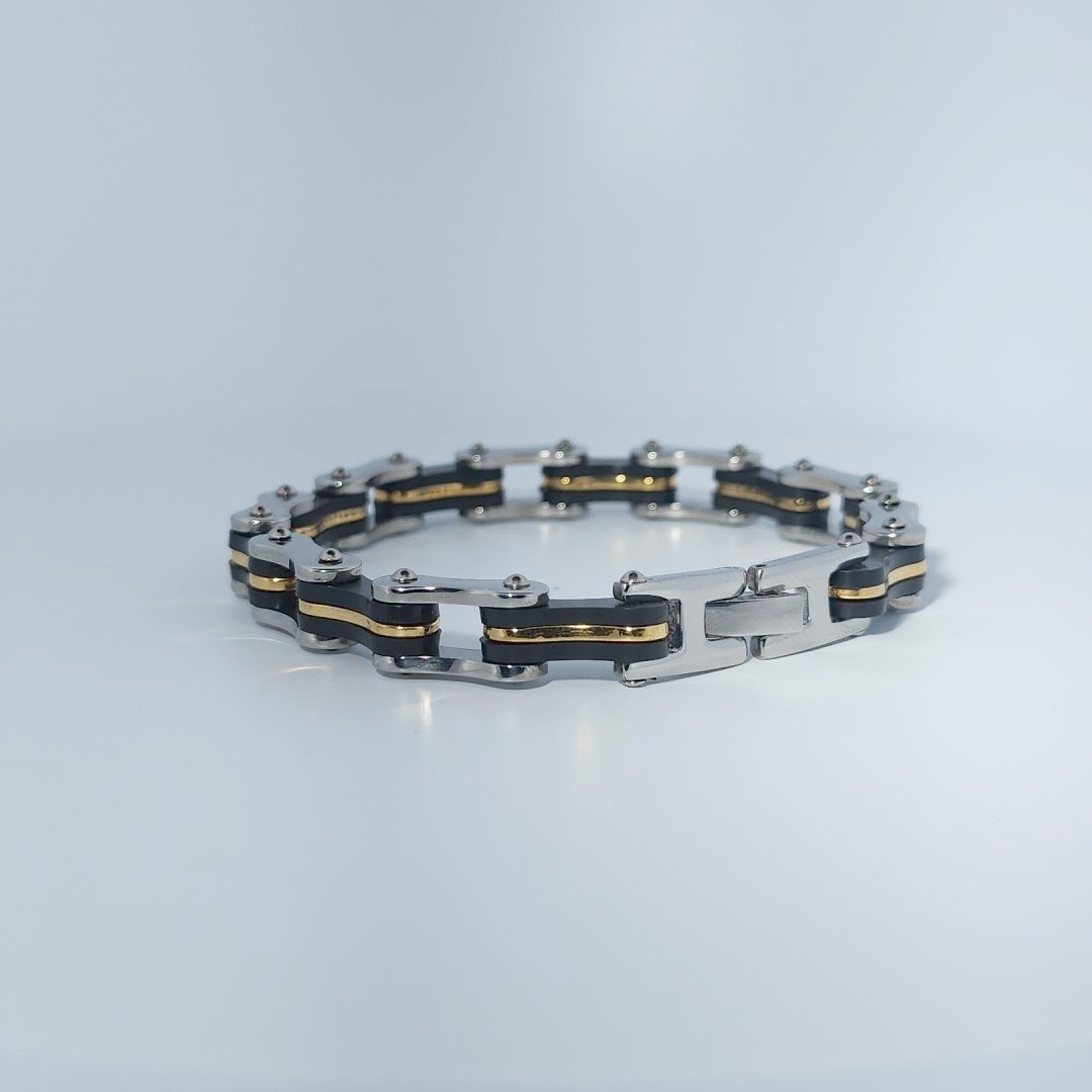 Stainless Steel Unisex Bracelet, chain-link style with black and gold-tone accents.
