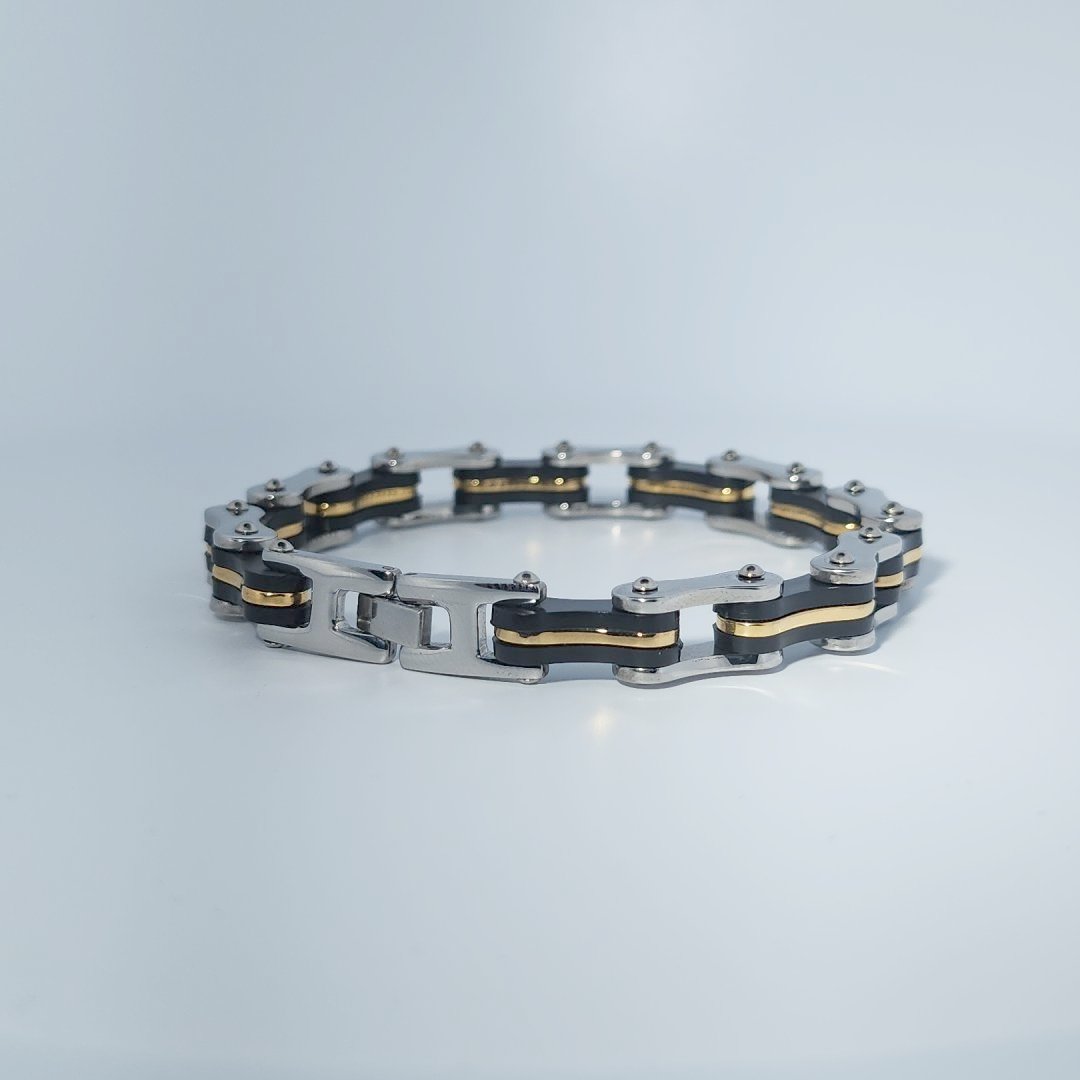 Stainless Steel Unisex Bracelet, chain-link style with black and gold-tone accents.