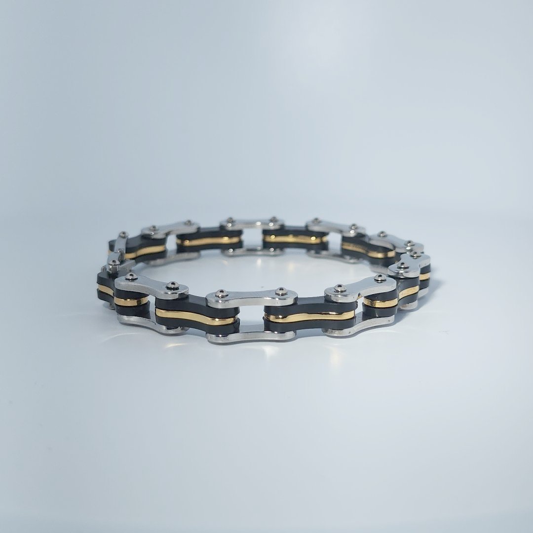 Stainless Steel Unisex Bracelet, chain-link style with black and gold-tone accents.