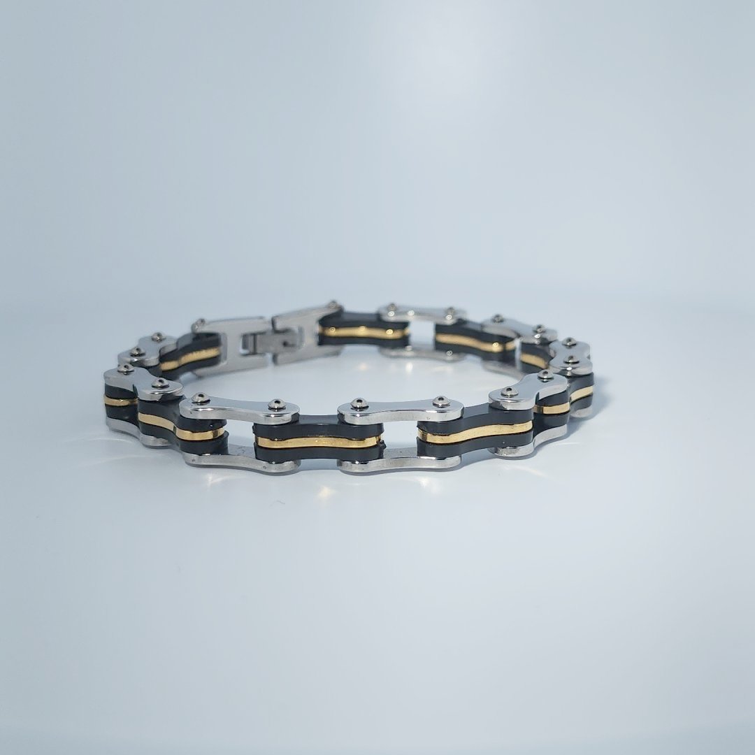 Stainless Steel Unisex Bracelet, chain-link style with black and gold-tone accents.