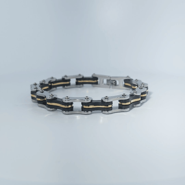 Stainless Steel Unisex Bracelet, chain-link style with black and gold-tone accents.