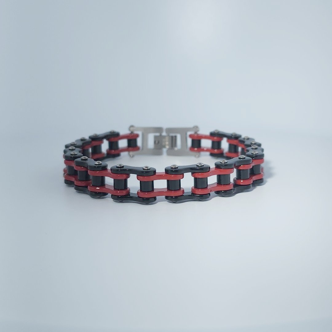 Stainless Steel Unisex Bracelet, red and black chain link design, 34.8g.