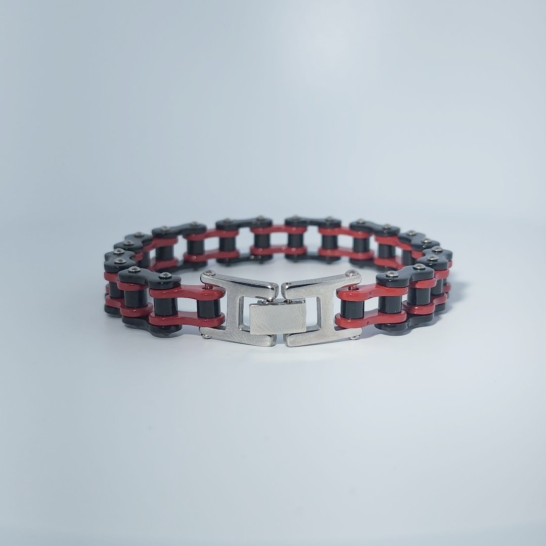 Stainless Steel Unisex Bracelet, red and black chain link design, 34.8g.