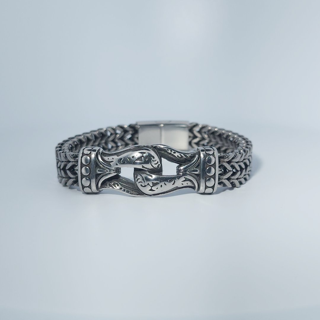 Stainless Steel Unisex Bracelet, 40g, with woven design and engraved clasp detail.