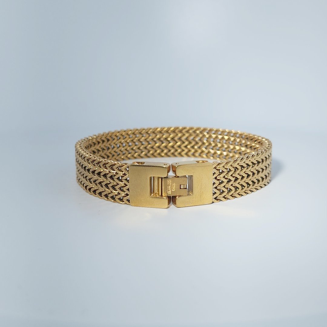 Bracelet, Unisex, Stainless Steel, 14K Yellow Gold Plated, 35.5g, Mesh Link Design.