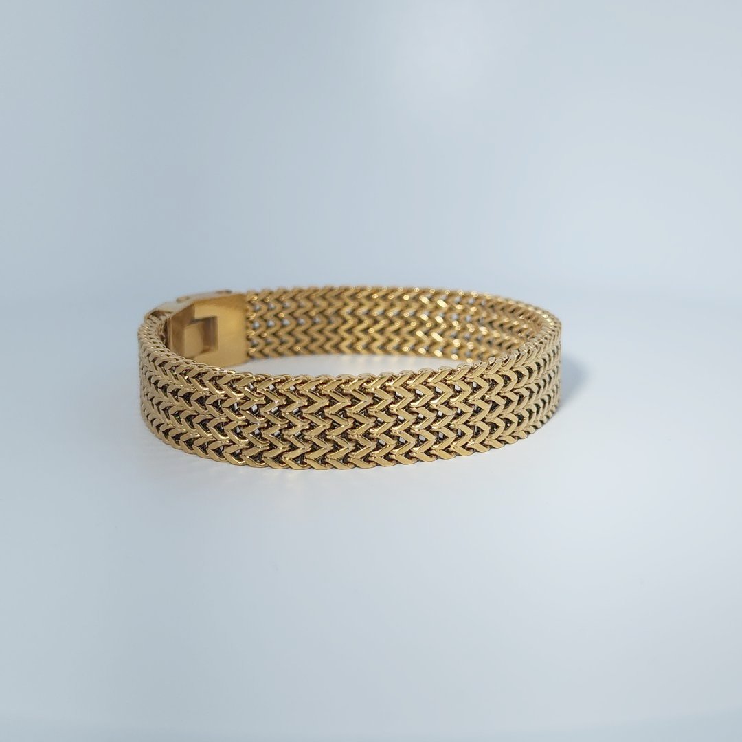 Bracelet, Unisex, Stainless Steel, 14K Yellow Gold Plated, 35.5g, Mesh Link Design.