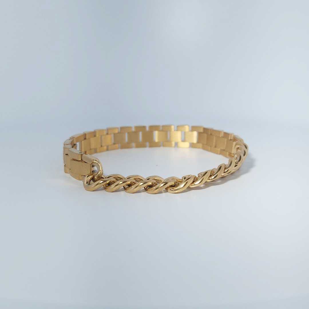 Unisex Bracelet, Stainless Steel with 14K Yellow Gold Plating, linked chain design.
