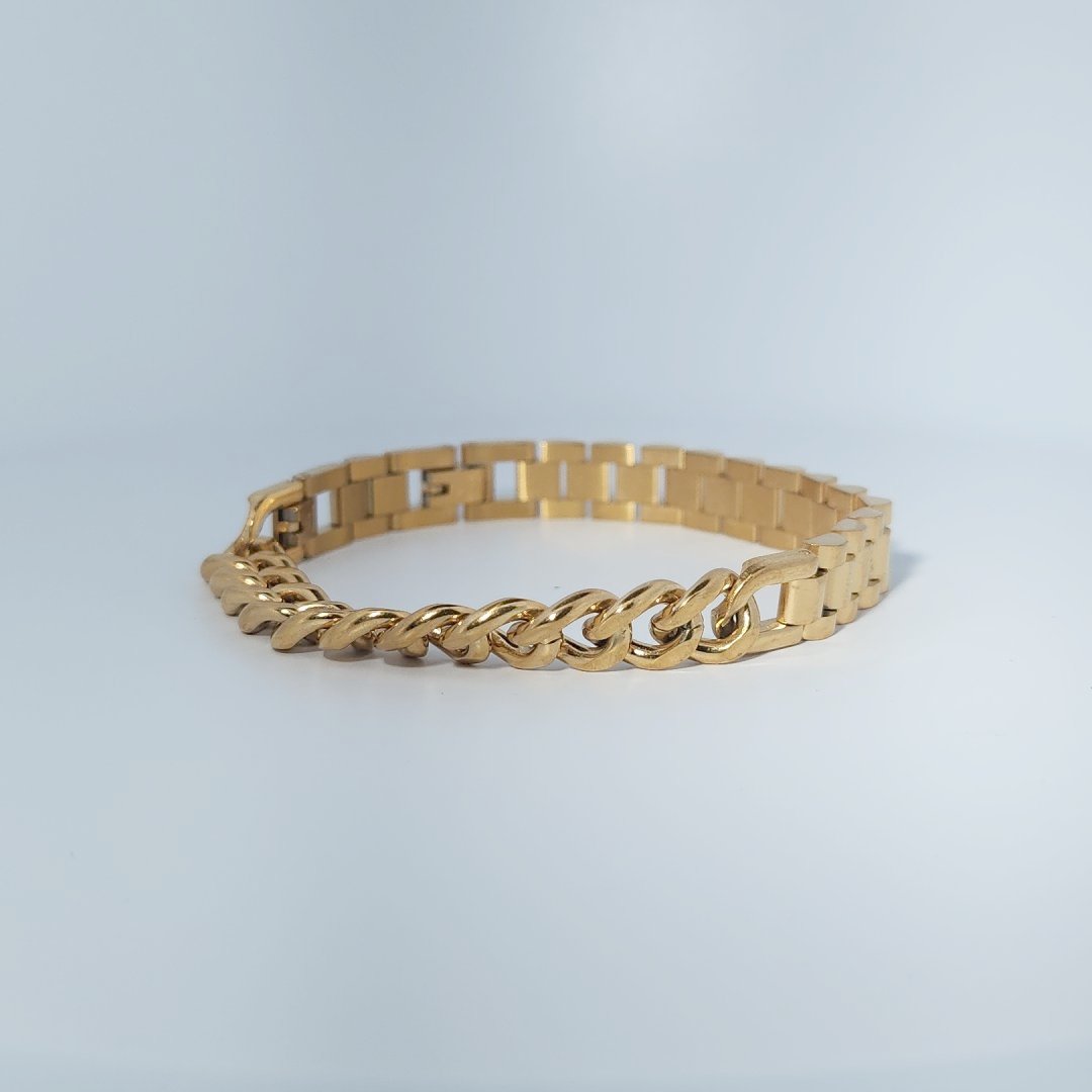 Unisex Bracelet, Stainless Steel with 14K Yellow Gold Plating, linked chain design.