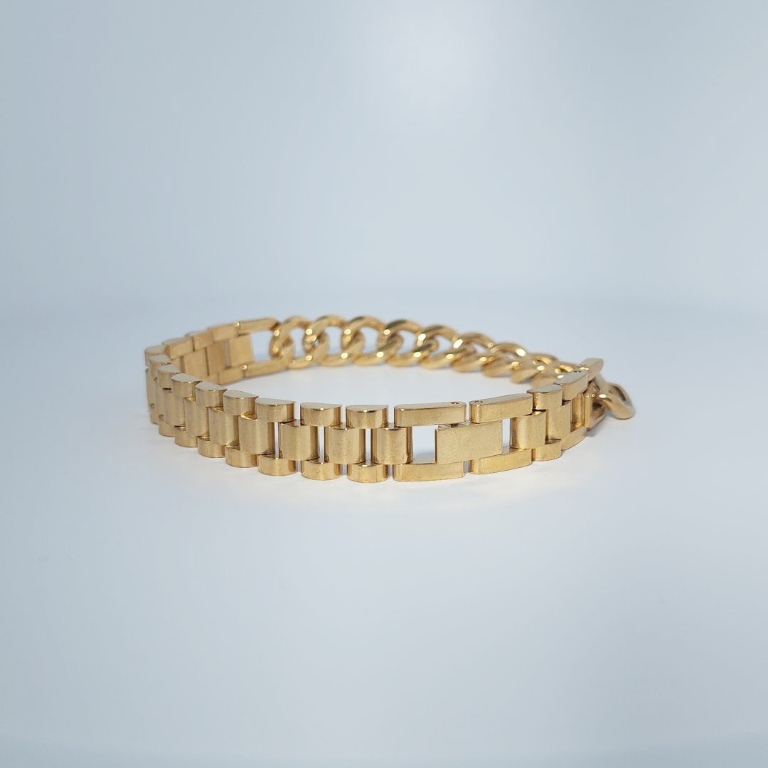 Unisex Bracelet, Stainless Steel with 14K Yellow Gold Plating, linked chain design.