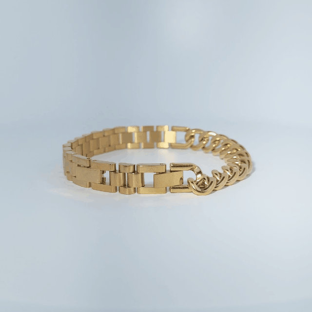 Unisex Bracelet, Stainless Steel with 14K Yellow Gold Plating, linked chain design.