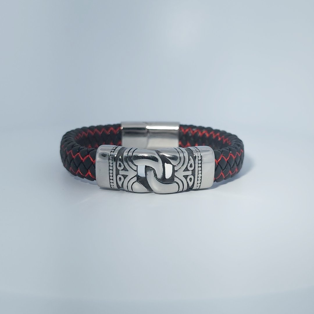 Male Bracelet, woven black and red leather with stainless steel decorative clasp.