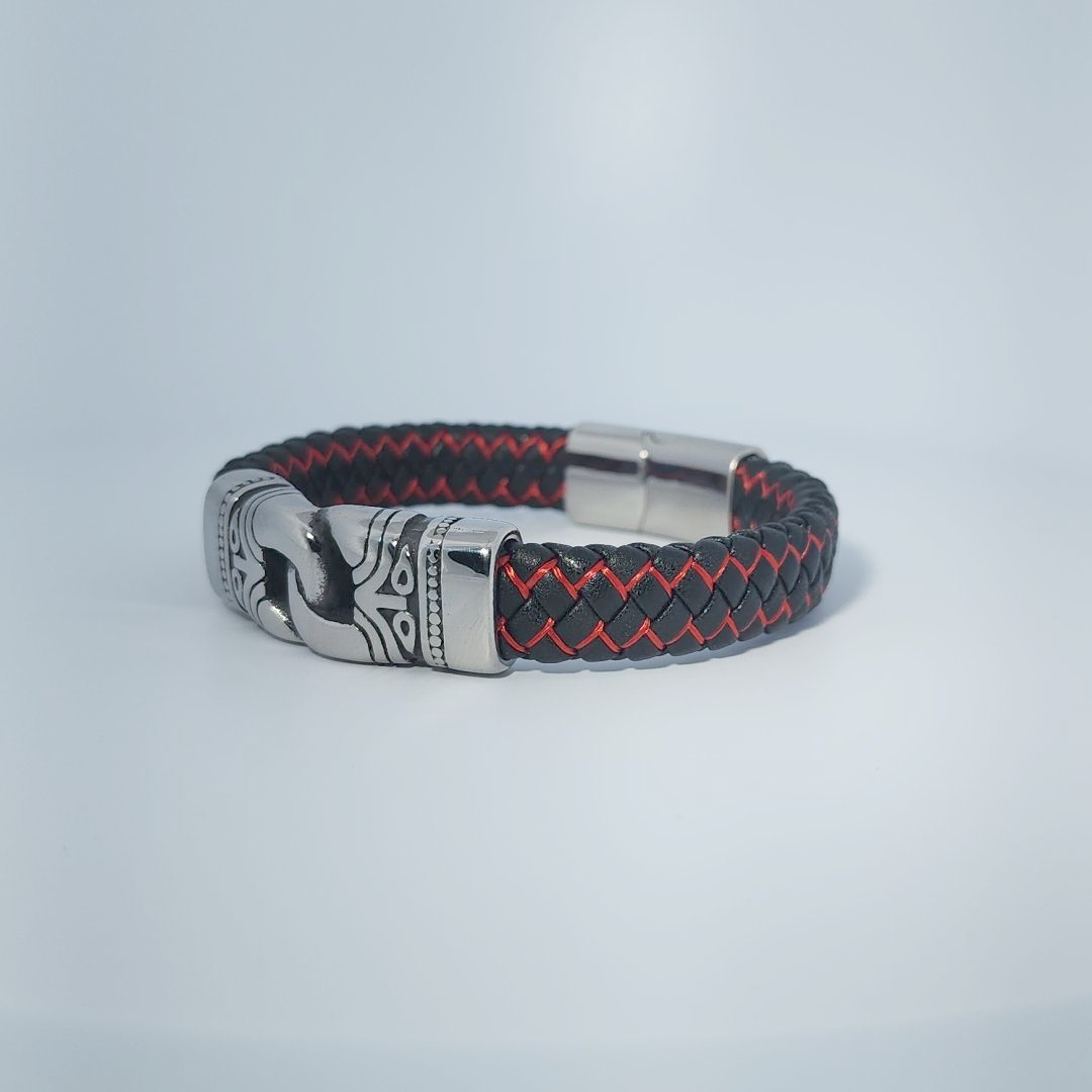 Male Bracelet, woven black and red leather with stainless steel decorative clasp.