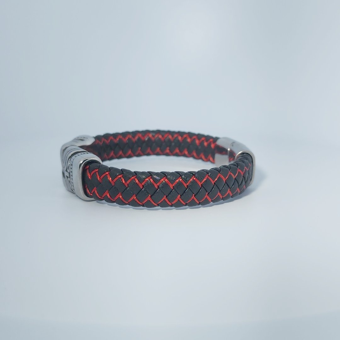 Male Bracelet, woven black and red leather with stainless steel decorative clasp.