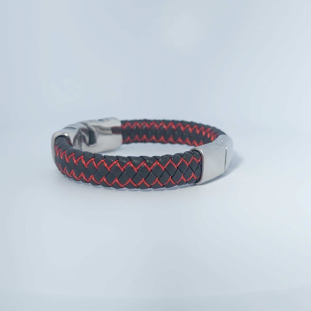 Male Bracelet, woven black and red leather with stainless steel decorative clasp.