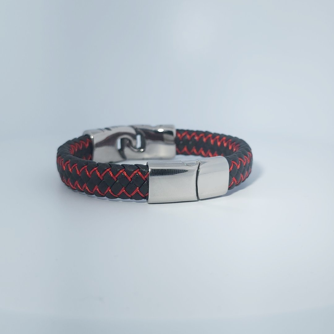 Male Bracelet, woven black and red leather with stainless steel decorative clasp.