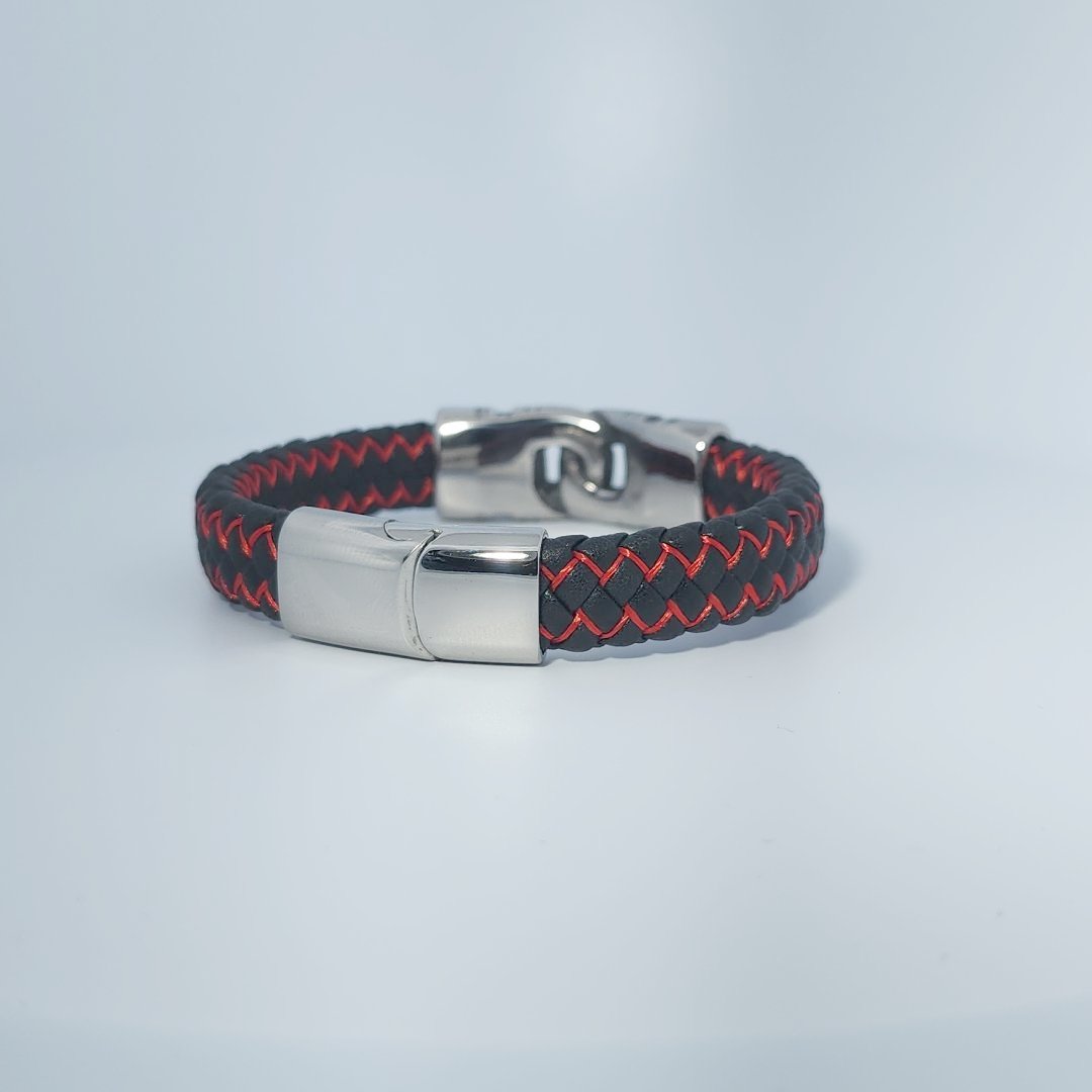 Male Bracelet, woven black and red leather with stainless steel decorative clasp.