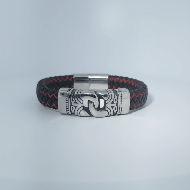 Male Bracelet, woven black and red leather with stainless steel decorative clasp.