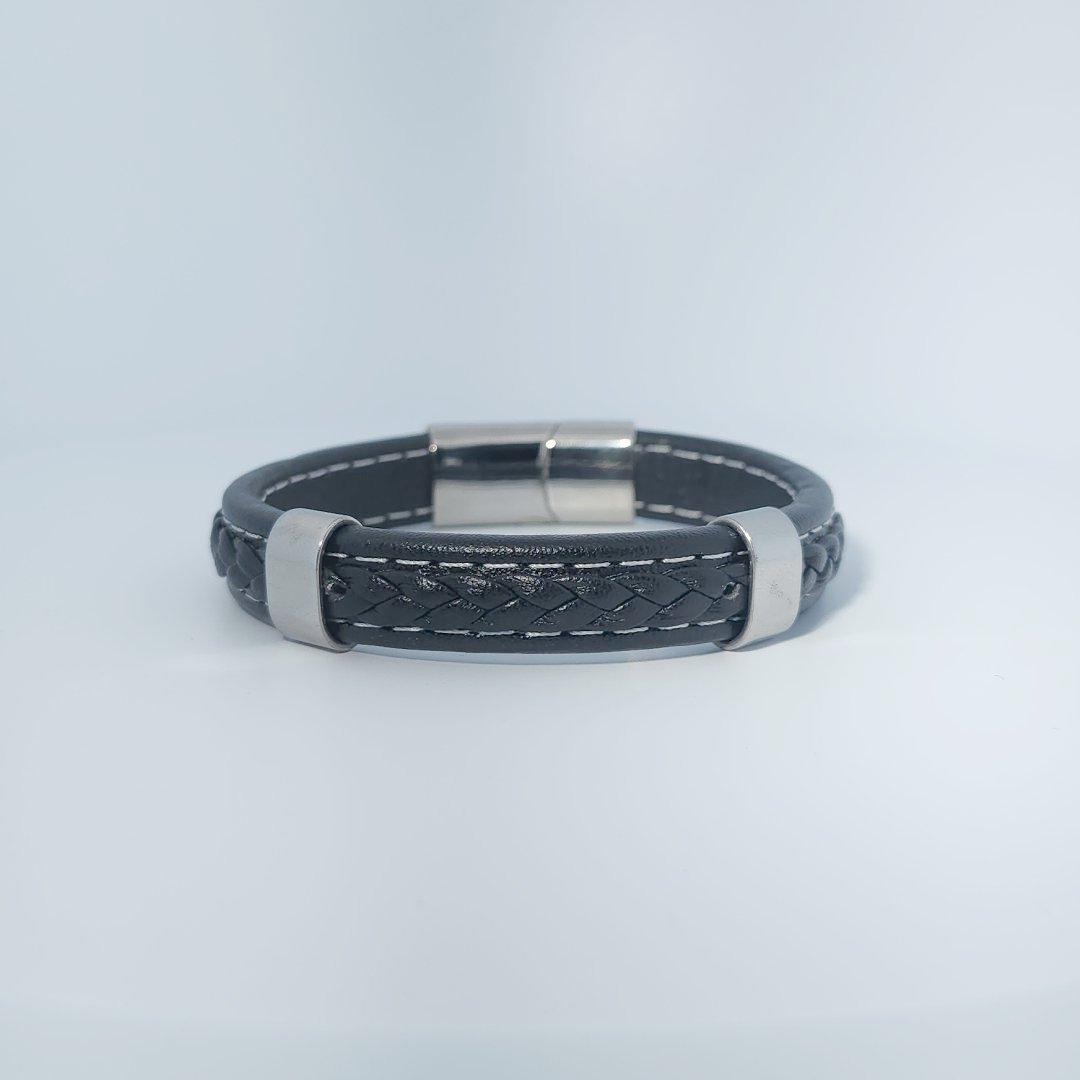 Male Bracelet, black braided leather with stainless steel accents and magnetic clasp.