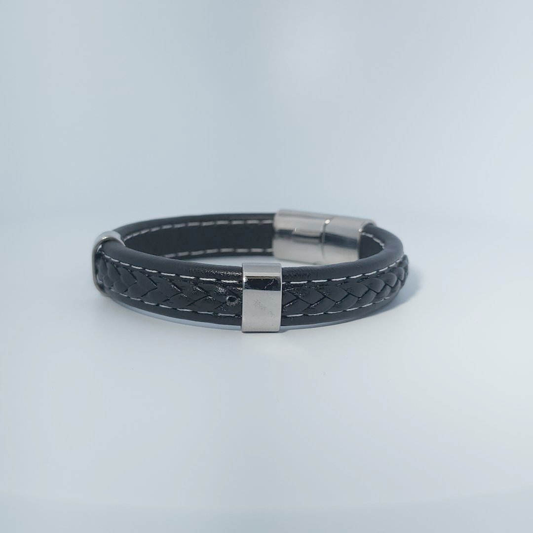 Male Bracelet, black braided leather with stainless steel accents and magnetic clasp.