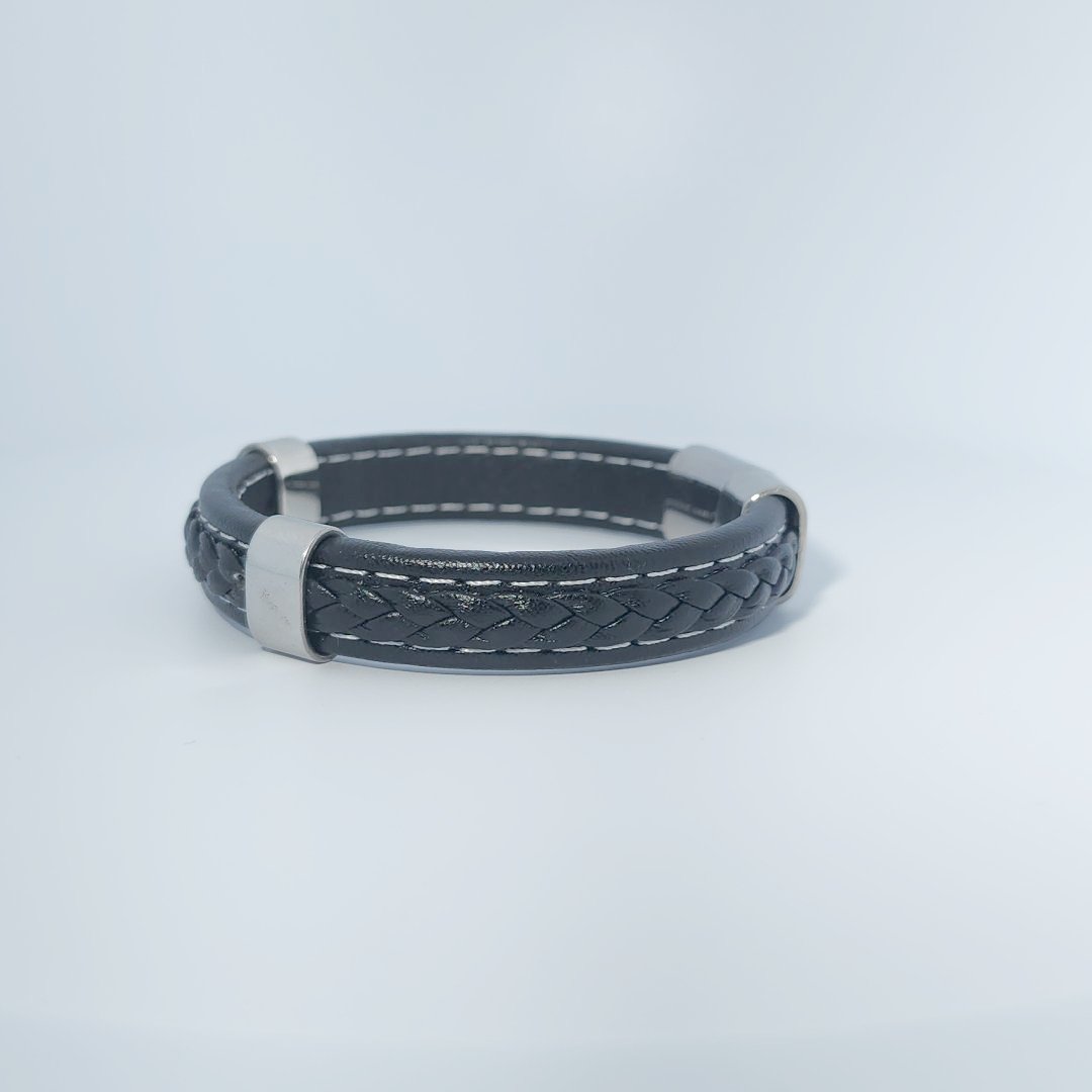 Male Bracelet, black braided leather with stainless steel accents and magnetic clasp.
