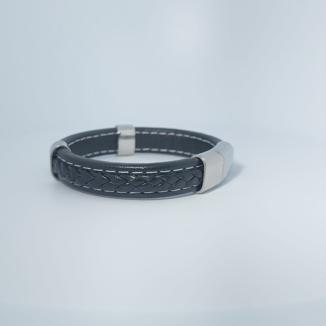 Male Bracelet, black braided leather with stainless steel accents and magnetic clasp.